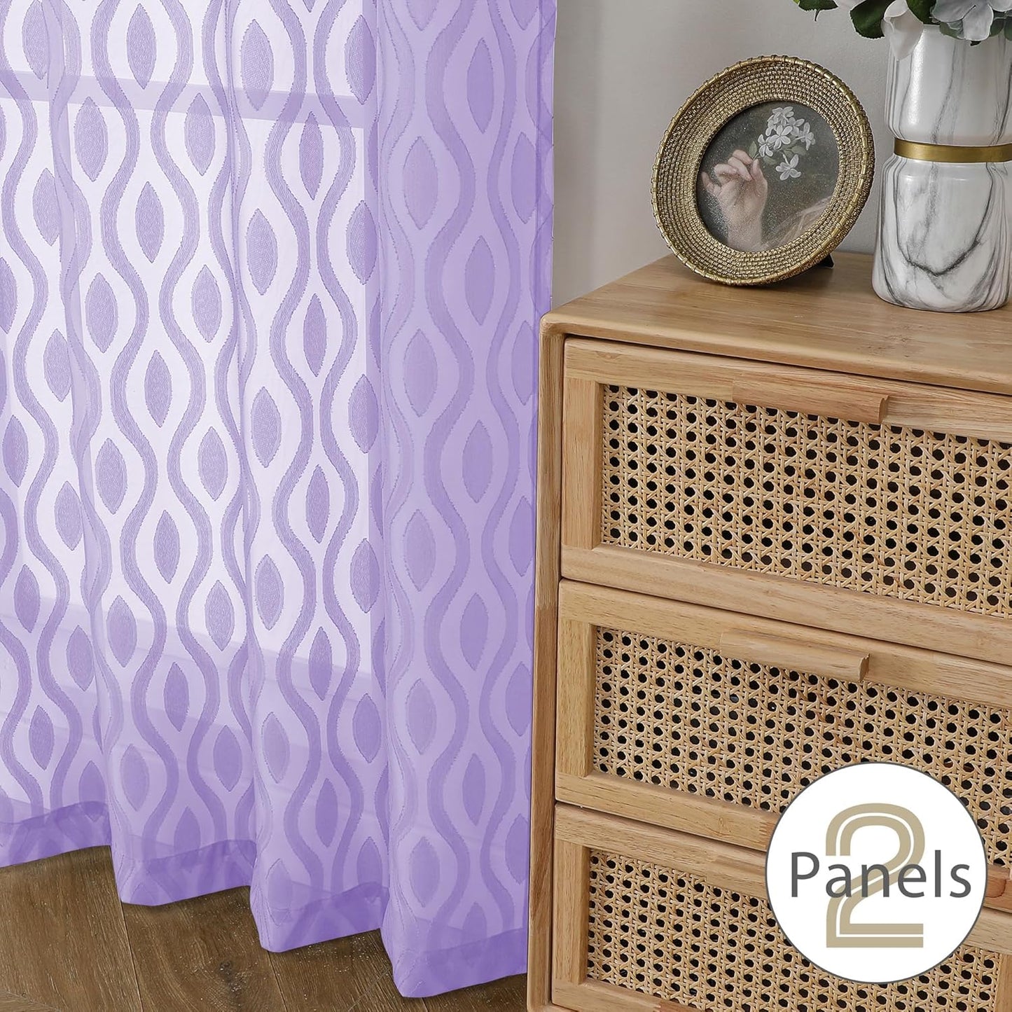 Aiyufeng Light Purple Sheer Curtains 54 Inch Length 2 Panels, Soft Lightweight Clip Jacquard Textured Sheer Curtain Panels, Modern Wavy Line Voile Sheer Curtain for Bedroom Living Room, 40Wx54L Inches