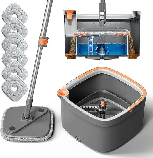 KZKR Spin Mop and Bucket Set with 6 Replaceable Microfiber Mop Pads with Self Separation Dirty and Clean Water System, Self Wringing 360° Rotating Square Mop Head for Hardwood Tile Marble Floors