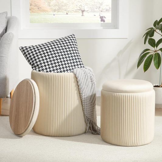 Round Ottoman with Storage Set of 2,Vanity Stool with Storage for Bedroom, Ottoman Coffee Table,Small Velvet Foot Stool for Living Room, Beige