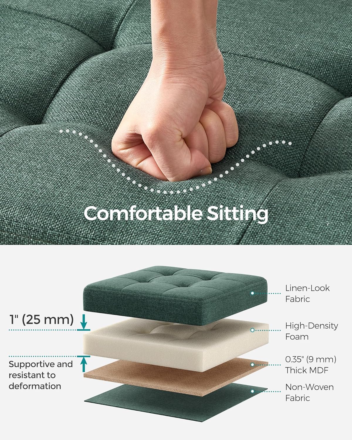 SONGMICS MAZIE Collection - 43 Inches Folding Storage Ottoman Bench, Ottoman Foot Rest, End of Bed Bench, Storage Chest, Load 660 lb, for Living Room, Bedroom, Entryway, Retro Green ULSF077C01