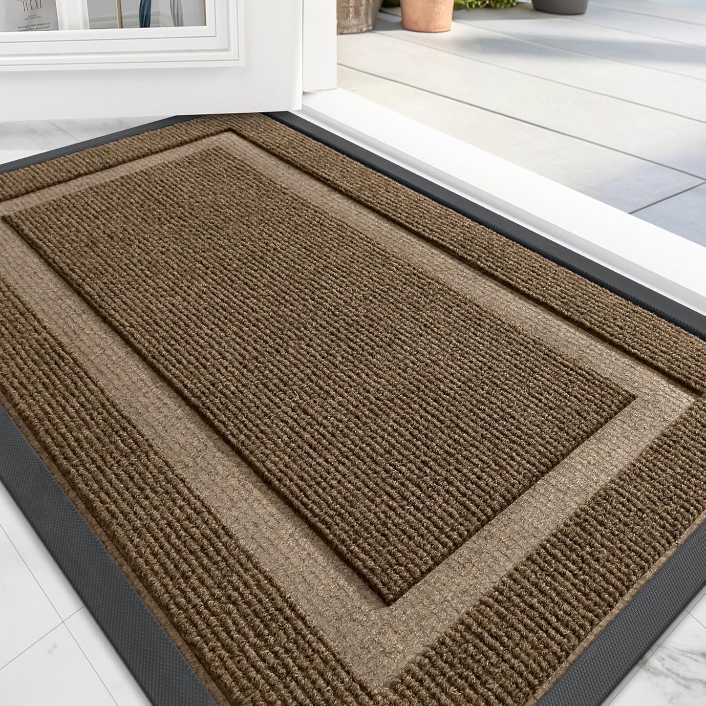 OLANLY Front Door Mat Indoor Outdoor Entrance, Waterproof All-Season, All-Weather Doormat, Sturdy Natural Rubber, Fade Resistant, Low Profile, Easy Clean Patio Porch Entryway Mat, 59x35, Brown