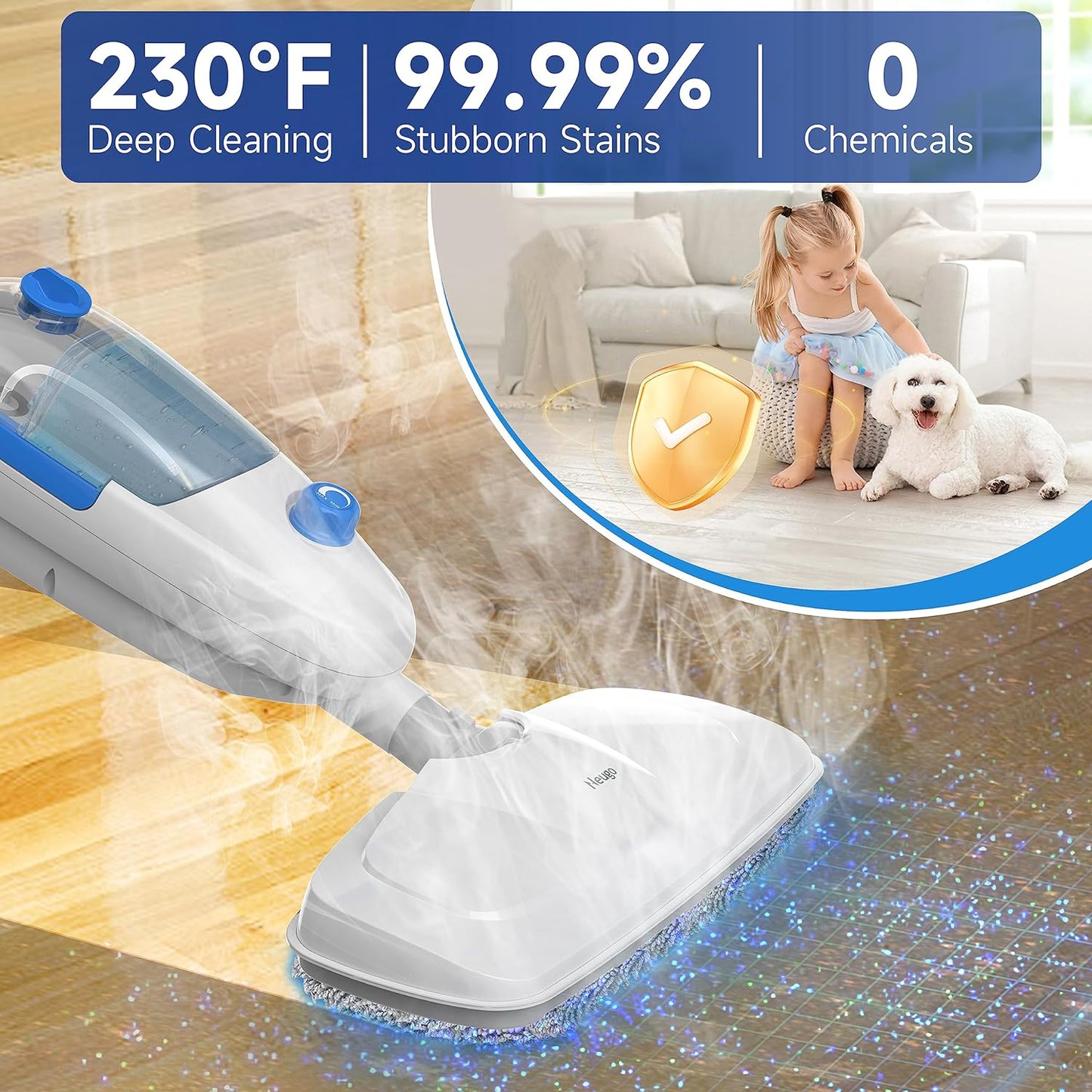 Steam Mop for Floor Cleaning, 10in1 Multi Purpose Handheld Steamer Cleaner Detachable for Vinyl, Laminate, Carpet, Tile Hard Floor Grout w/ 2 pad, 23ft Cord, 15oz Tank, Adjustable Steam & Height