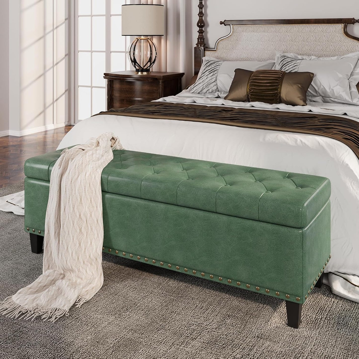 Storage Ottoman Bench, 51-Inch Large Storage Bench for Bedroom End of Bed, 30 Gallons Faux Leather Bench for Bedroom, Living Room, Entryway, Hallway, Green
