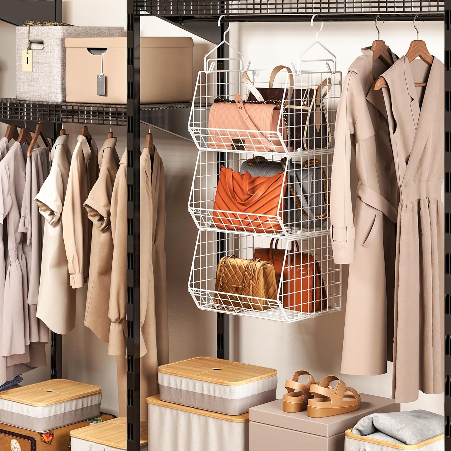 X-cosrack 3 Tier Foldable Closet Organizer, Clothes Shelves with 5 S Hooks, Wall Mount&Cabinet Wire Storage Basket Bins, for Clothing Sweaters Shoes Handbags Clutches Accessories-White Patent Design
