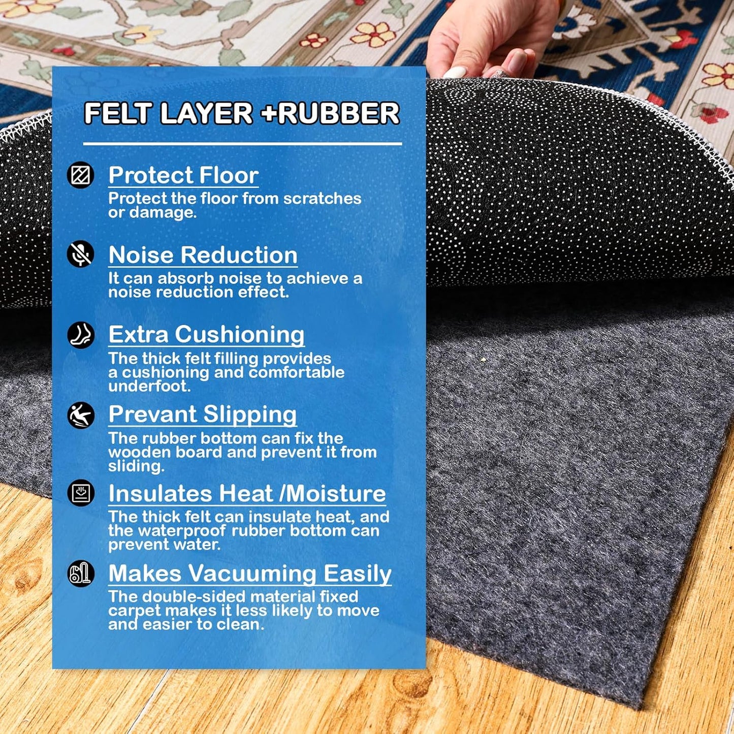 Non-Slip Rug Pads 1/4” Thick, 2x10Ft Waterproof Rugs Non Skid Rug Pad for All Floors and Finishes Durable Hardwood Floor Protective Felt Keeps Rugs in Place, Safe and Secure