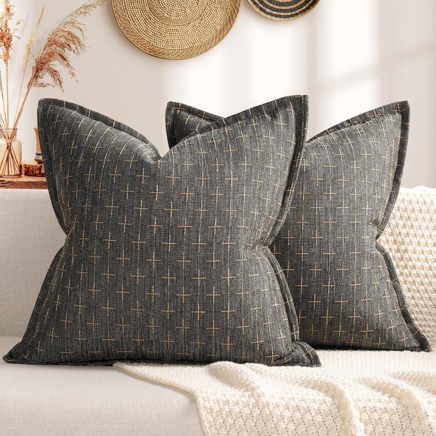 ZWJD Pillow Covers 24x24 Set of 2 Soft Polyester Textured Pillow Covers with Stylish Flange Edge Cozy Farmhouse Throw Pillows for Couch Bed Sofa Living Room