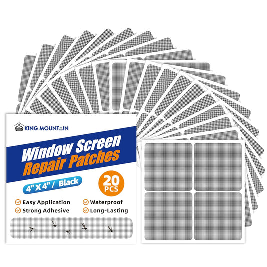 KING MOUNTAIN 20 Sheets Black Window Screen Repair Patches,4×4 in Window Screen Repair Kit for Window Screen and Screen Door Tears Holes, Strong Adhesive Screen Tape Mesh Repair,Quick & Waterproof