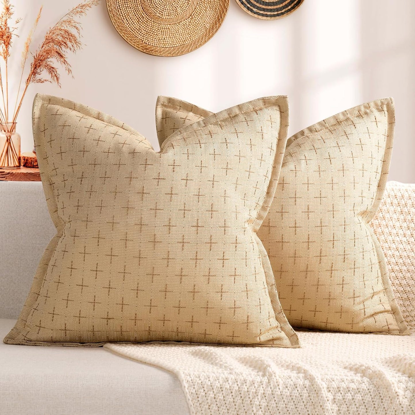 ZWJD Pillow Covers 22x22 Set of 2 Soft Polyester Textured Pillow Covers with Stylish Flange Edge Cozy Farmhouse Throw Pillows for Couch Bed Sofa Living Room