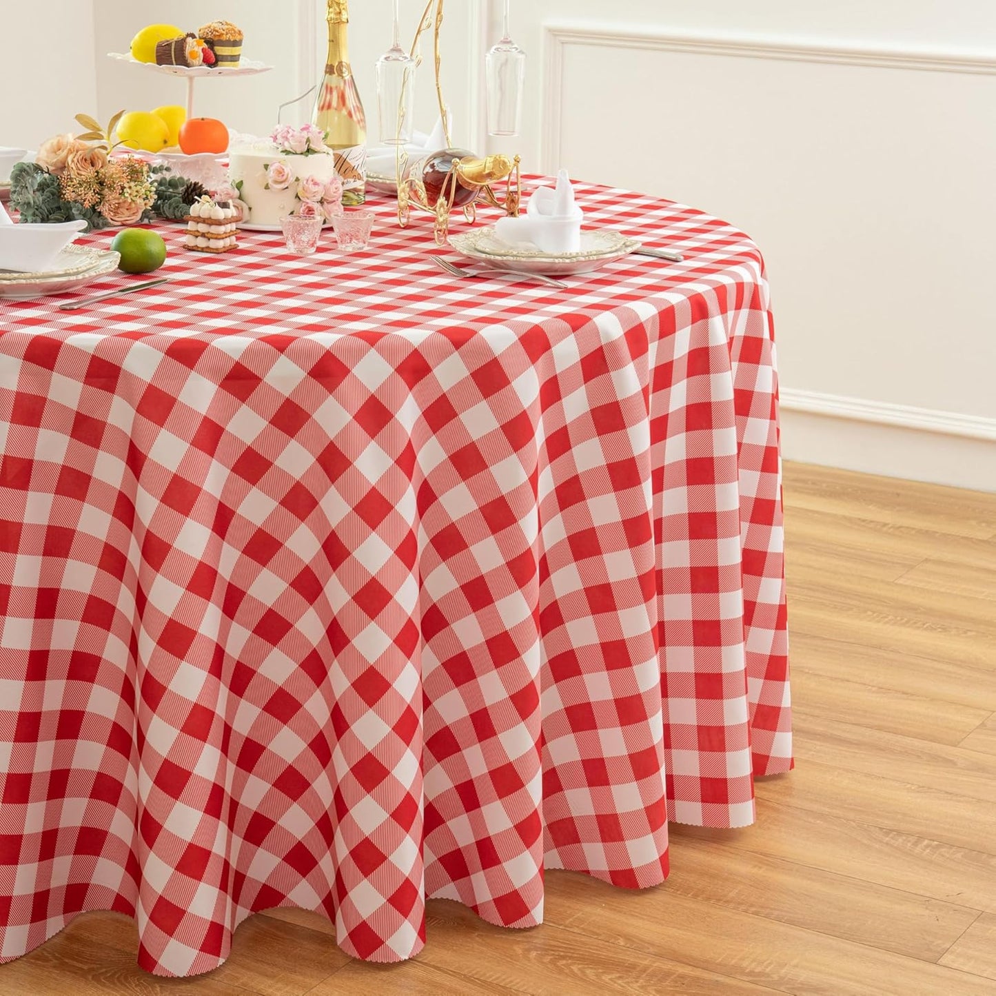 Waterproof Plaid Tablecloth Fabric - Round 108 Inch Classic Gingham Checker Table Cloth for Indoor/Outdoor Use - Buffalo Table Cover for Picnics, BBQs, and Parties