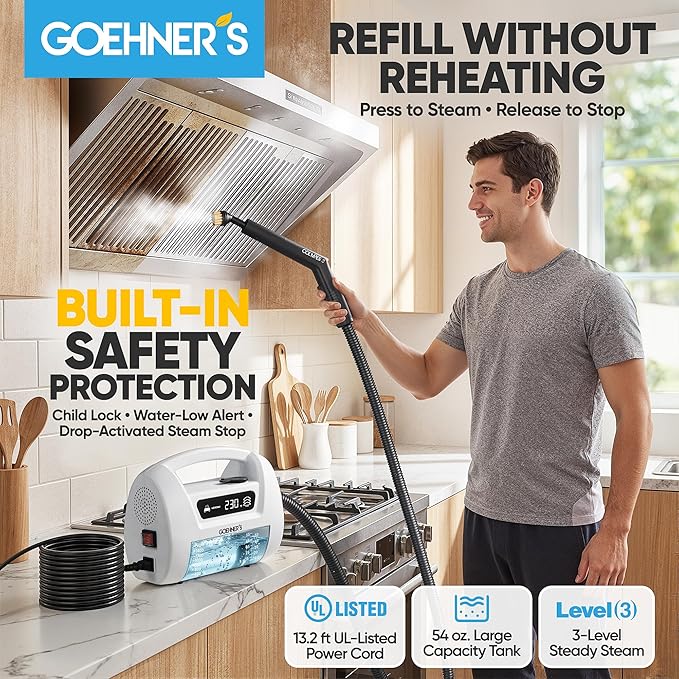 2026 Upgraded Handheld Steam Cleaner, 230°F/3.5 Bar High-Pressure Portable Hand Held Steamer for Home & Car, 30s Heat-Up, Chemical-Free Deep Cleaning for Kitchen, Bathroom, Grout & Car Detailing-White