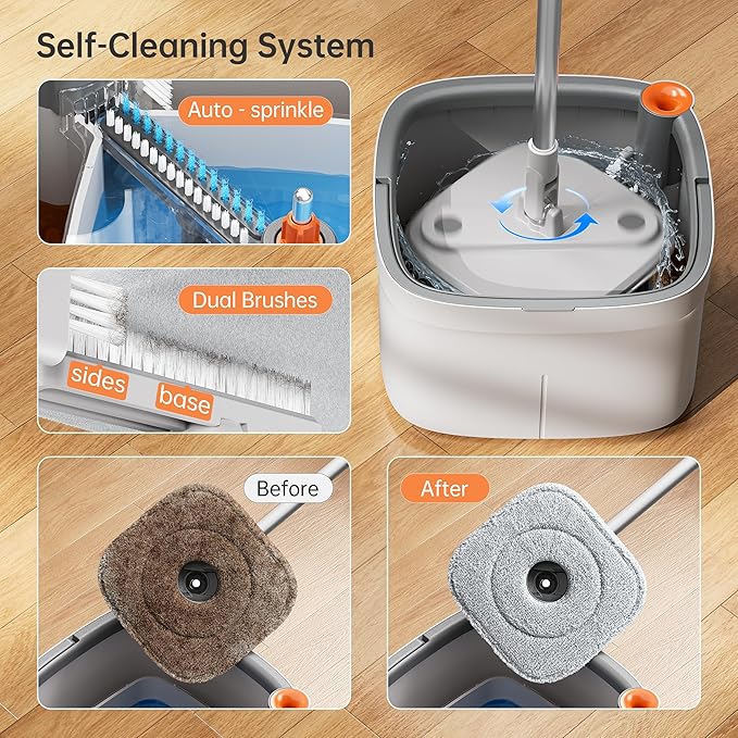 Upgraded Spin Mop and Bucket System Set, Self Separate Clean and Dirty Water, Foldable Square Standing Mop Head with Microfiber Mop Pads, Detachable Bucket (Grey, Mop Set with 6PC Pad)