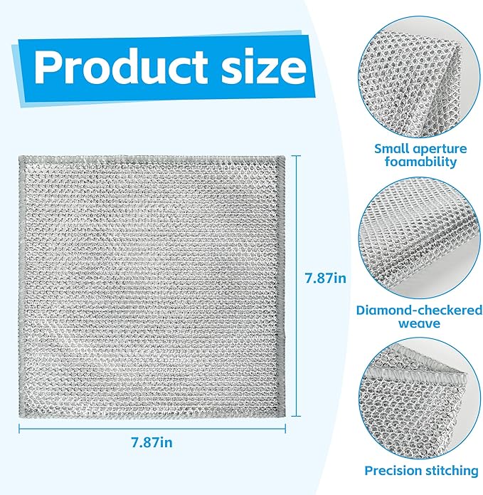 12Pack Multipurpose Wire Dishwashing Rags, Upgrade Non Scratch Wire Dishcloth, for Wet and Dry Use, Reusable Metal Scrubbing Microfiber Clean Cloths for Home/Kitchen/Stove