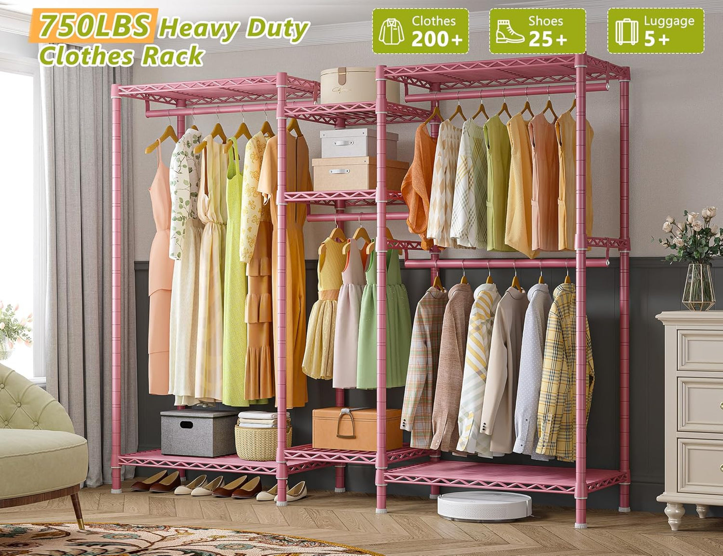 Raybee Clothing Racks for Hanging Clothes Heavy Duty Clothes Rack Load 750LBS clothes rack, 77" H x 70.5" W x 13.8" D, Pink