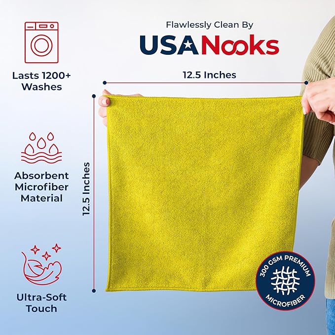 USANOOKS Microfiber Cleaning Cloth Yellow - 100 Pcs 12.5"x12.5" - High Performance - 1200 Washes, Ultra Absorbent Towels Weave Grime & Liquid for Streak-Free Mirror Shine - Car Washing Cloth