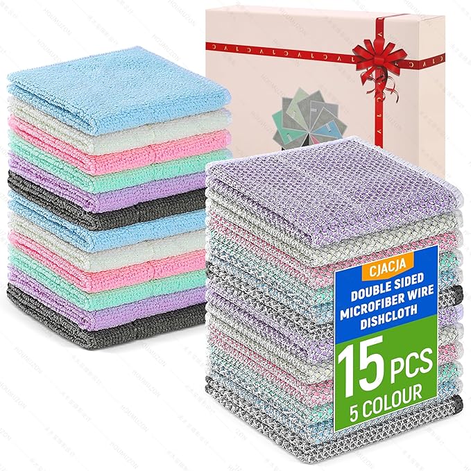 Double Side Non Scratch Wire Dishcloth 15pcs-Multipurpose Wire Dishwashing Rags Wire Mesh Cleaning Cloth,Kitchen Towels and Dishcloths Sets Microfiber Cloth for Cleaning Pans Sinks & Cookware