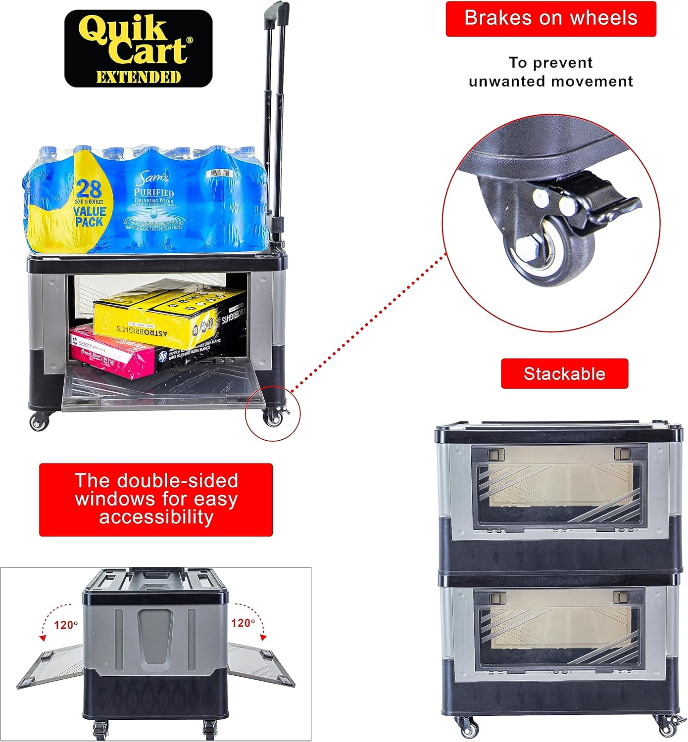 dbest products Quik Cart Extended Four Wheeled Rolling Crate Teacher Utility with seat Dual Accessible Doors Heavy Duty Collapsible Basket with Two Position Handle