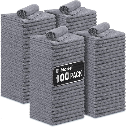 Microfiber Cleaning Cloth, 100 Pack Microfiber Towels for Cars Commercial Grade Work Rags Bulk Detailing Cloth for Automotive Bar Mechanic Restaurant Garage Housekeeping, 11.5"x 11.5", Grey