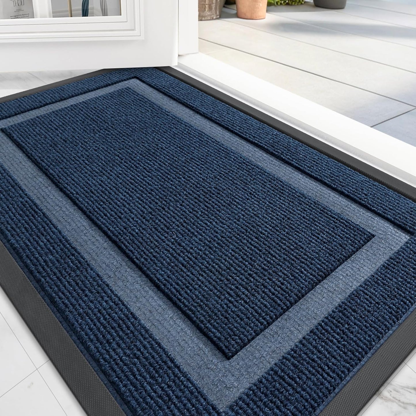OLANLY Front Door Mat Indoor Outdoor Entrance, Waterproof All-Season, All-Weather Doormat, Sturdy Natural Rubber, Fade Resistant, Low Profile, Easy Clean Patio Porch Entryway Mat, 36x24, Blue