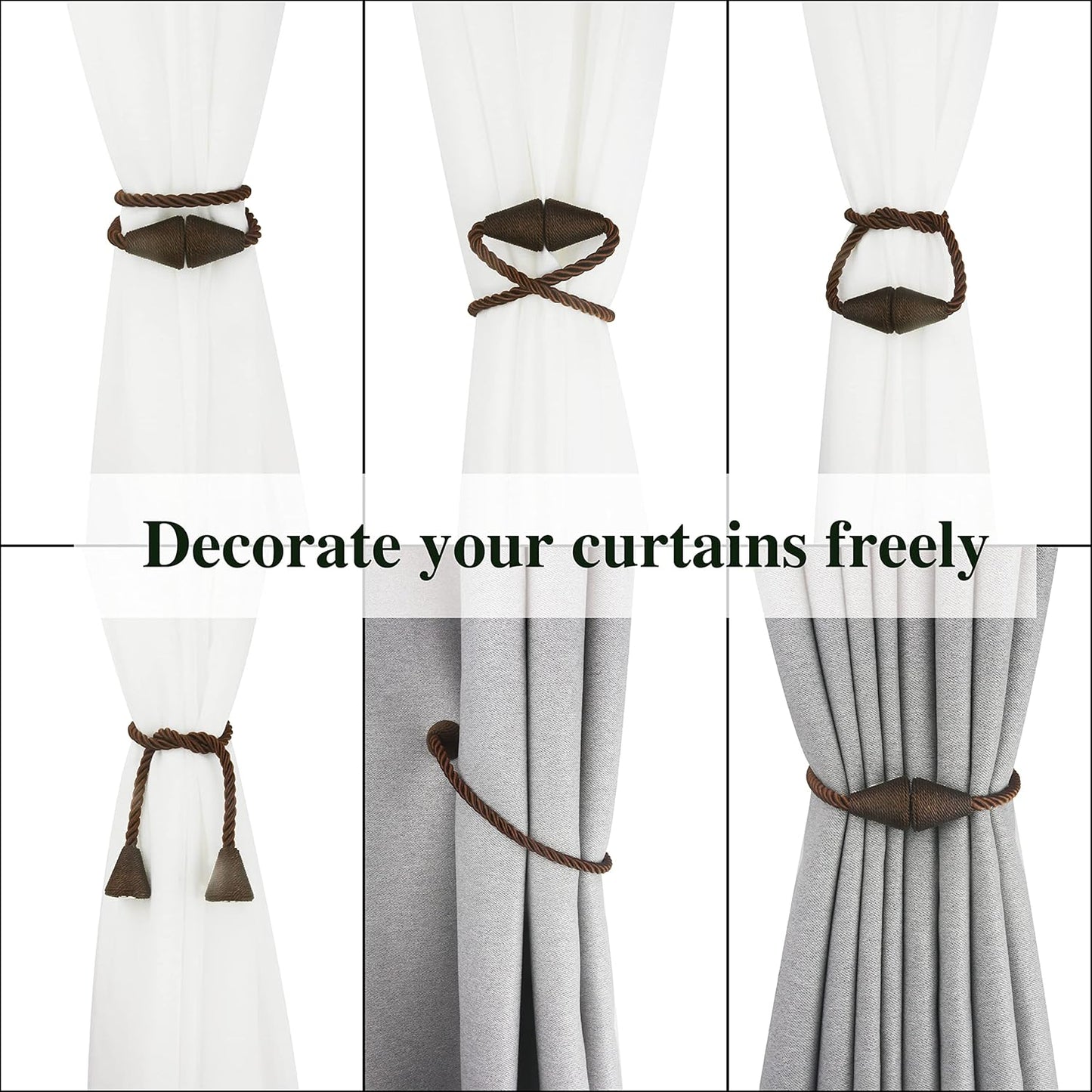 4 Pack Magnetic Curtain Tiebacks Rope Modern Handmade Curtain Tie Backs Decorative Drapes Weave Holdbacks for Window Décor, Coffee