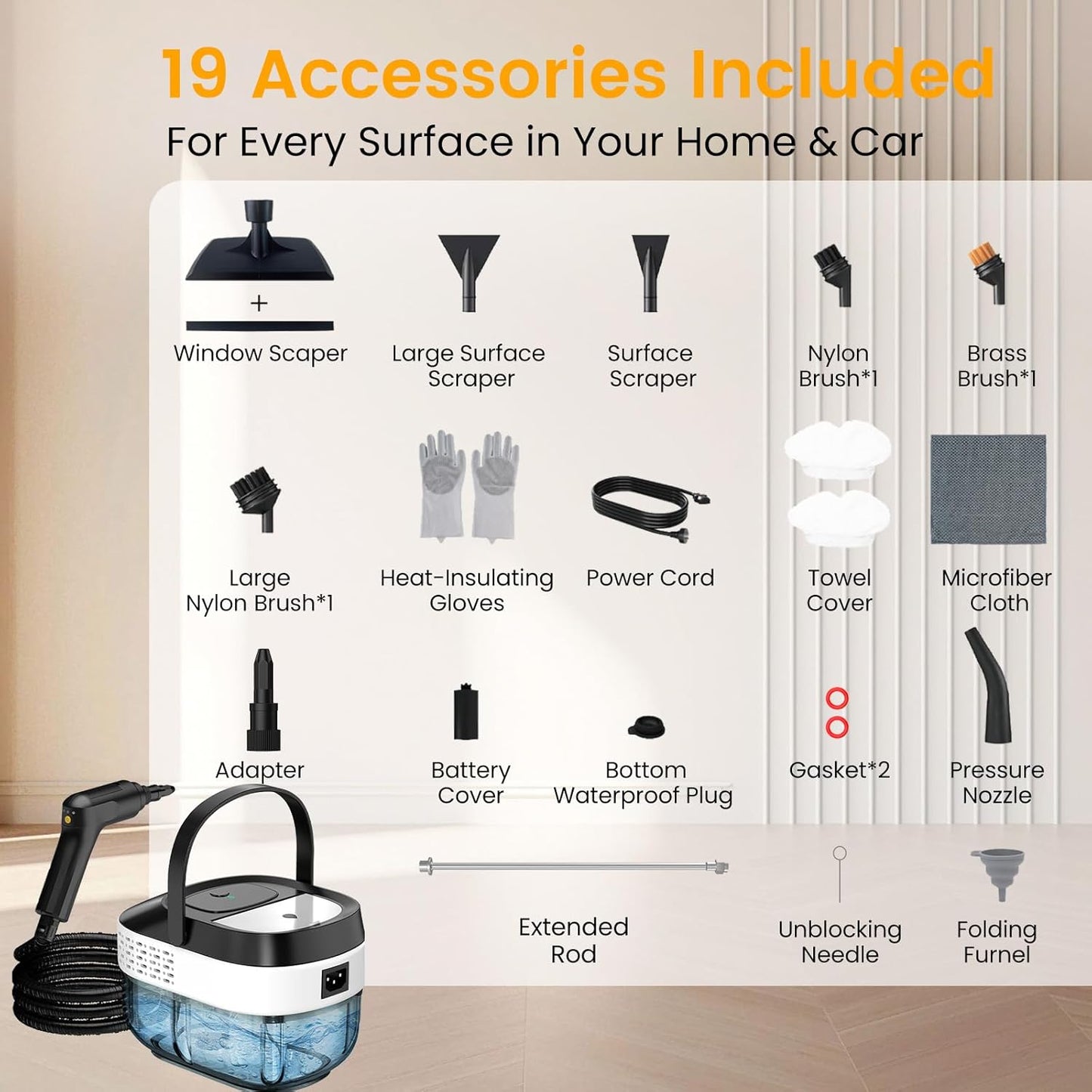 Steam Cleaner 1.6L, Adjustable Pressurized Steamer for cleaning, 15s Heat-Up, 2500W Handheld Steamer Cleaning for Home|Car|Tile|Floor, Multi-Surface Cleaning Machine with 19pcs Accessories